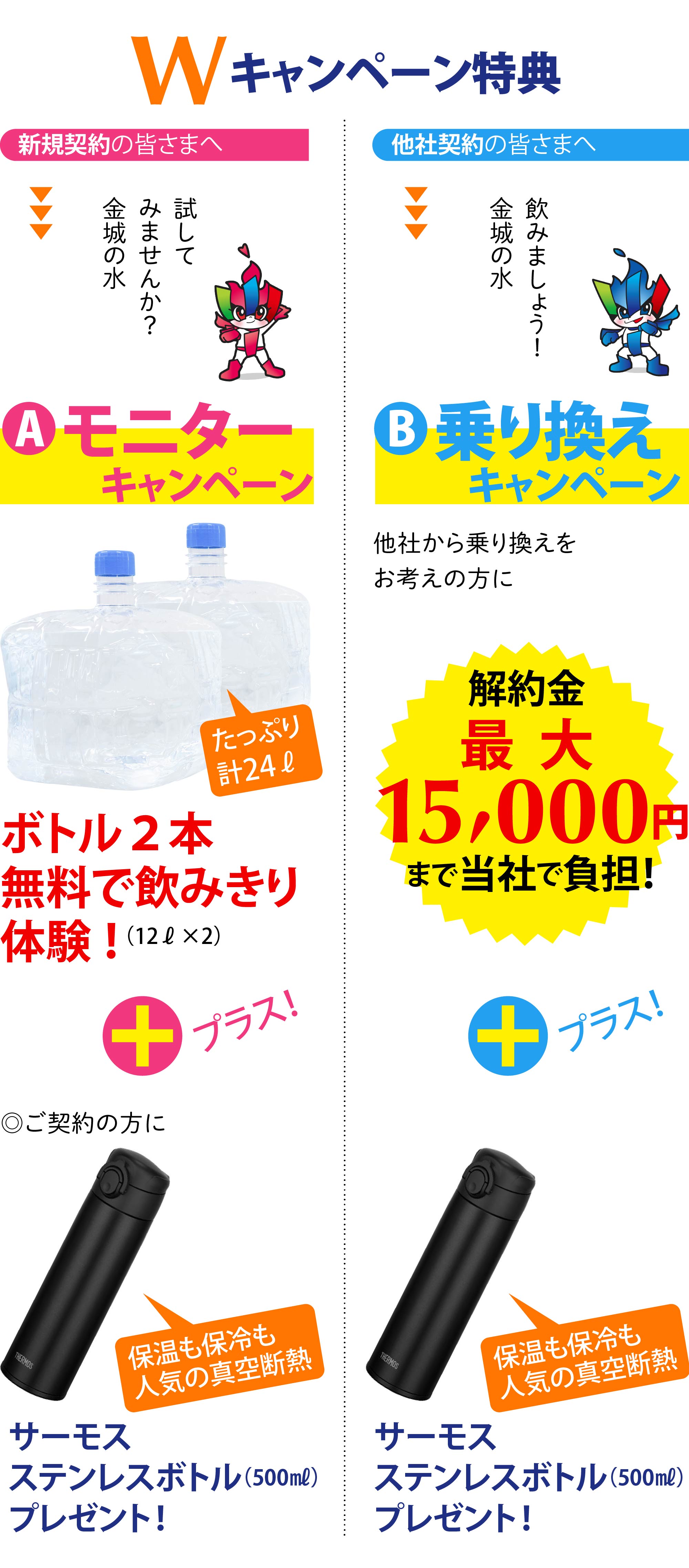 ウオーターサーバーWキャンペーン モニターキャンペーン　乗り換えキャンペーン